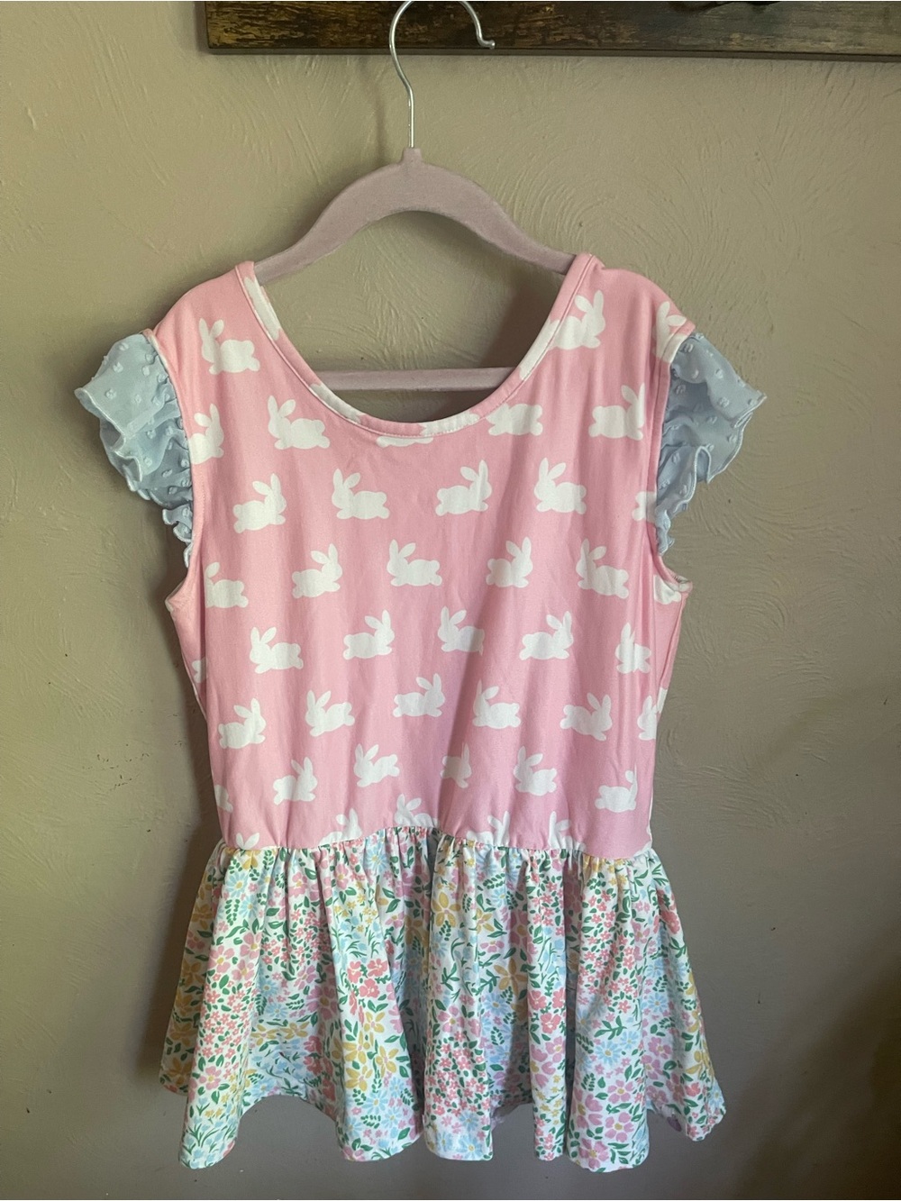 cheeky plum Pink Bunny Print Dress One-Piece with Light Blue Flutter Sleeves
